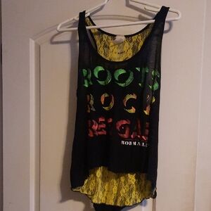 Black Tank Top with Yellow Lace Back and Multicolor Graphic